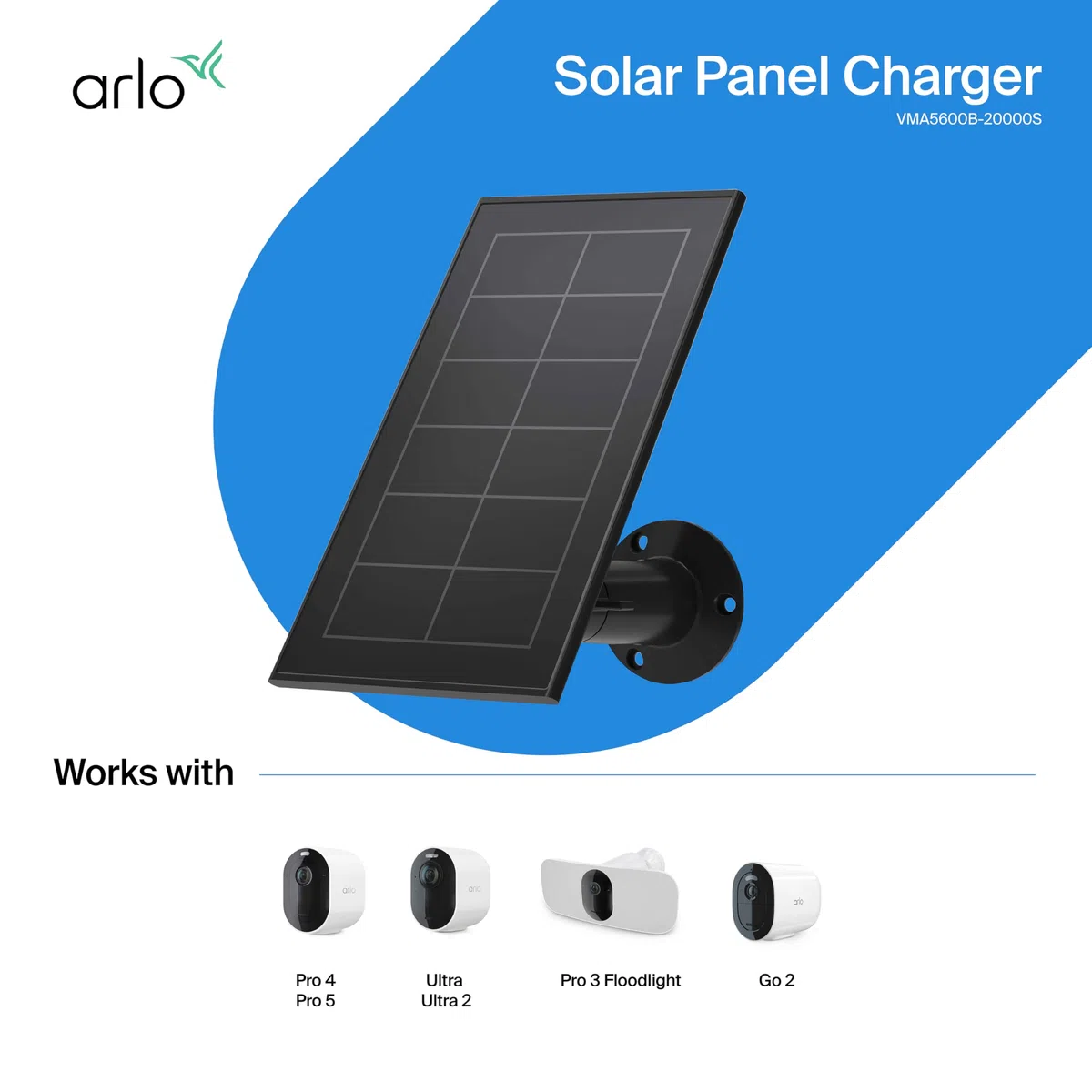Arlo Pannello Solare, Cavo Da 2,4 m, Nera, Compatibile Con Pro 3, Pro 4 (+XL), Pro 5, Floodlight, Ultra 2 (+XL), Go 2, Per Cariche 24 Ore Su 24, 7 Giorni Su 7 - Accessorio Certificato VMA5600B