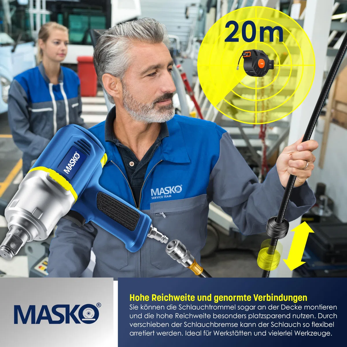 MASKO® Avvolgitore per tubo ad aria compressa automatico Attacco 1/4 - Avvolgitubo Portatubo a muro Avvolgitore per tubo Avvolgitore per tubo ad aria compressa, blu, 10m