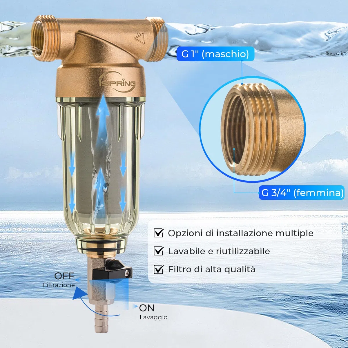 iSpring WSP-100 Filtro per Acqua a Sedimento Centrifugo Riutilizzabile per Tutta la Casa, Prefiltro Lavabile da 100 Micron, G 1" - 3/4", Ottone