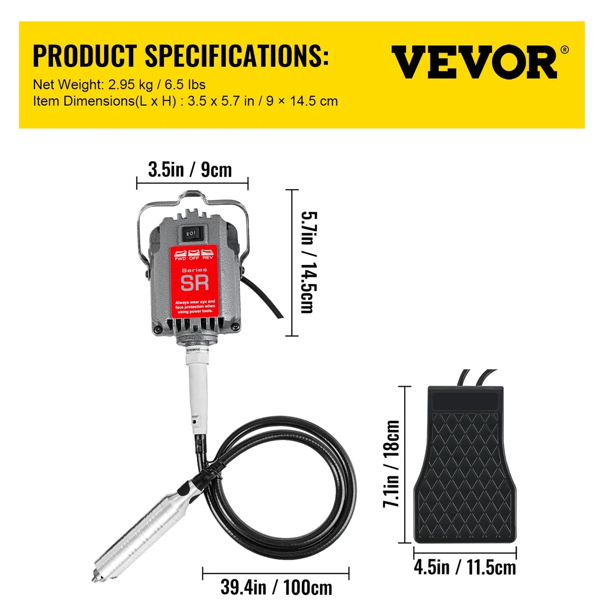 VEVOR Mulino Flessibile Sospeso SR 230w, Albero Motore Flessibile per Incisione SR con Preciso Mandrino a Tre Griffe, con Motore in Rame Puro, per Riparazione, Perforazione, Molatura, Lucidatura