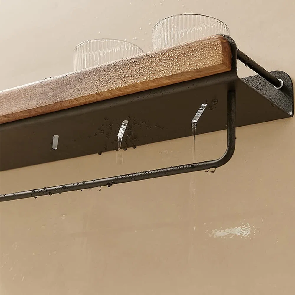 Mensola per Doccia, Mensola da Bagno in Noce, Mensola Organizer, Mensole Sospese, Mensola Rettangolare a Parete, Multifunzionale, Bagni, Cucine, Camera da Letto, con Portasciugamani, Portaogg