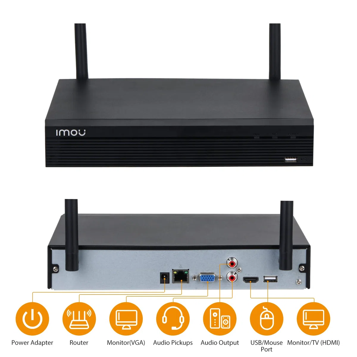 IMOU NVR 4 canali Wi-Fi. Registratore continuo con predisposizione HDD fino a 8Tb. Uscita video HDMI e VGA. H.265. Portata Wi-Fi fino a 100mt in campo aperto. Wifi 2x2 Mimo.