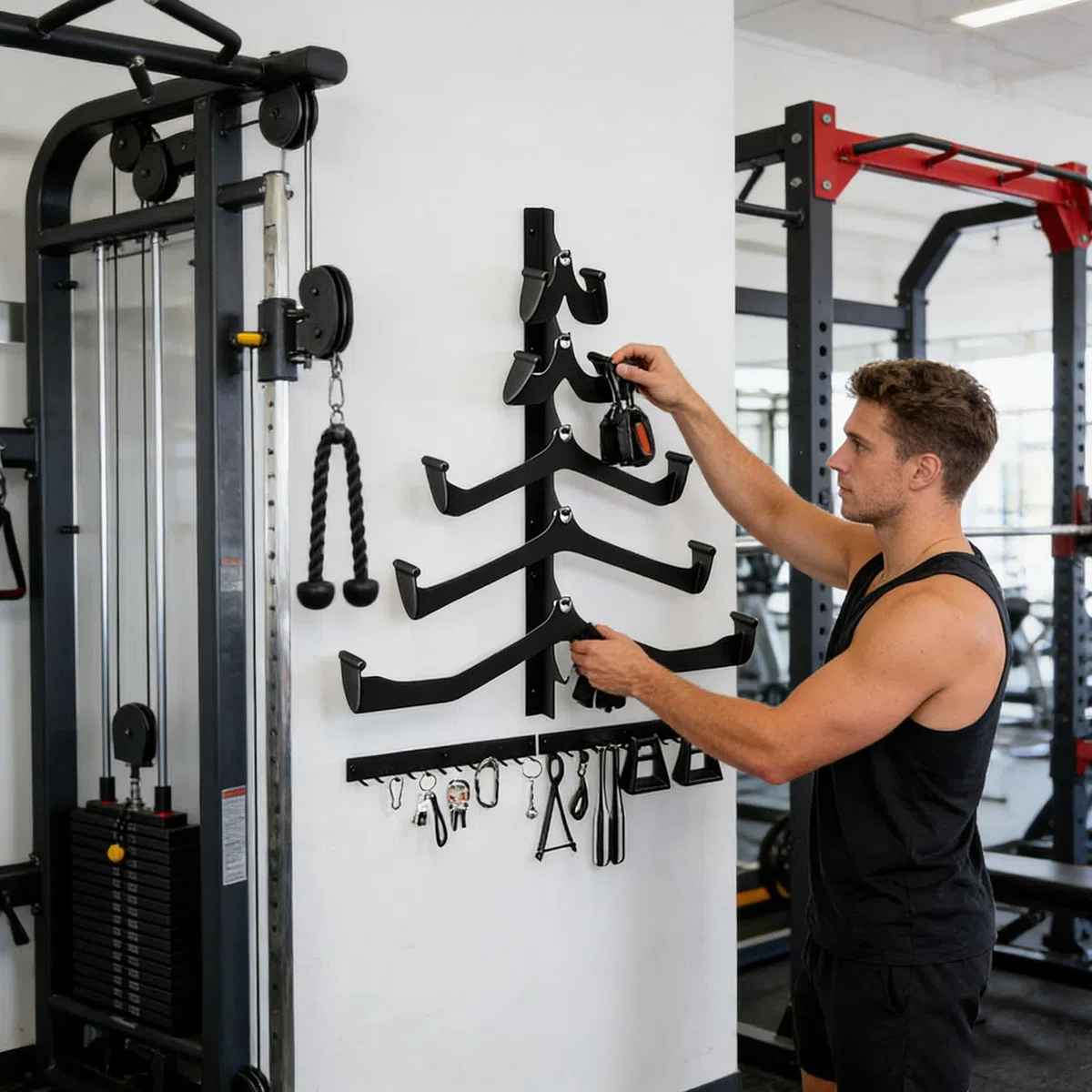 Lat Pull Down Bar Rack – 5 pezzi supporto da parete – Home Cable Attachment Storage Rack – per saltare corda manubri attrezzature fitness appassionati di allenamento