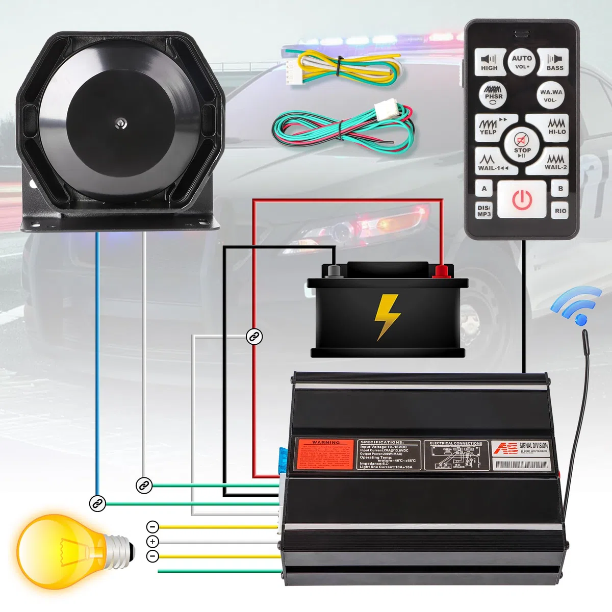 Sirena Wireless Auto Emergenza 12V 200W Sirena Polizia 20 Toni 130DB Microfono Wireless per Ambulanza Vigili del Fuoco Camion Veicoli Emergenza Allarme Acustico Professionale