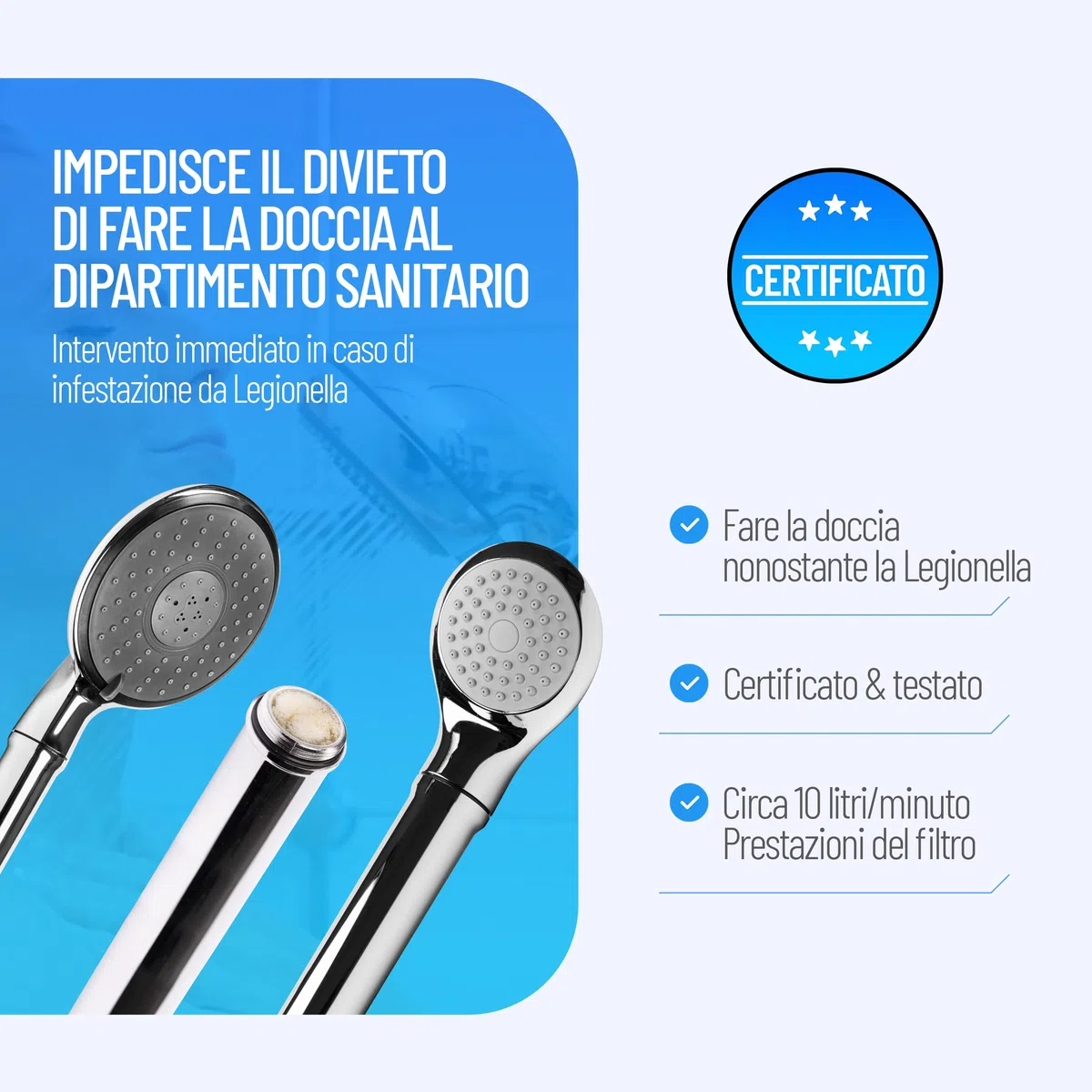 sanquell Testa Doccia Premium, Filtro antilegionella, Chrome plated, 1 getto, 1 impostazione, Moderno, Metallo, Cromo, Massaggio, 15 x 35 cm, Angolo