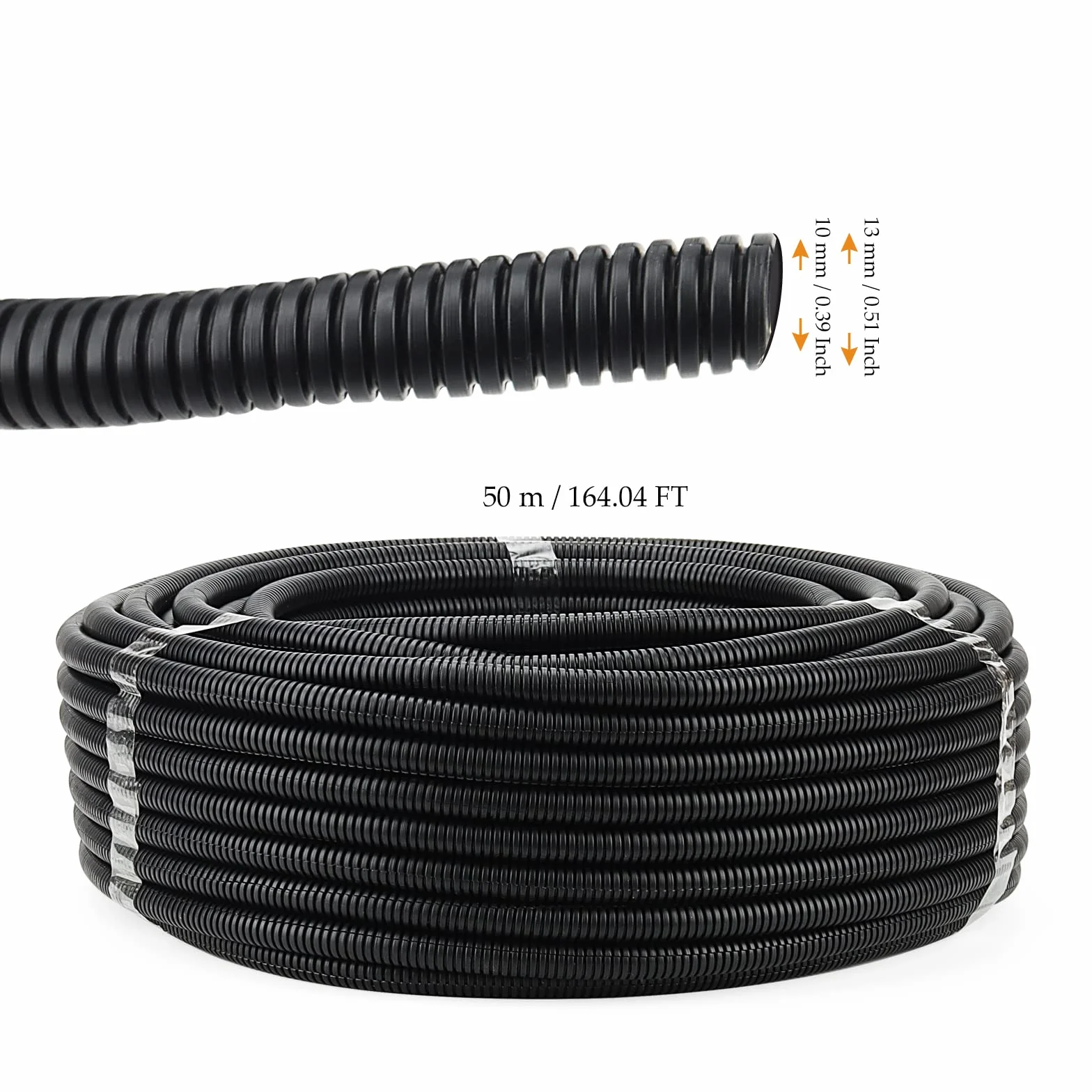 Tubo Corrugato da Esterno, 50 m di lunghezza, tubo aperto vuoto scanalato, Guaina Flessibile protettivo di Cavi Elettrici, nero, diametro: interno 10 mm, esterno 13mm