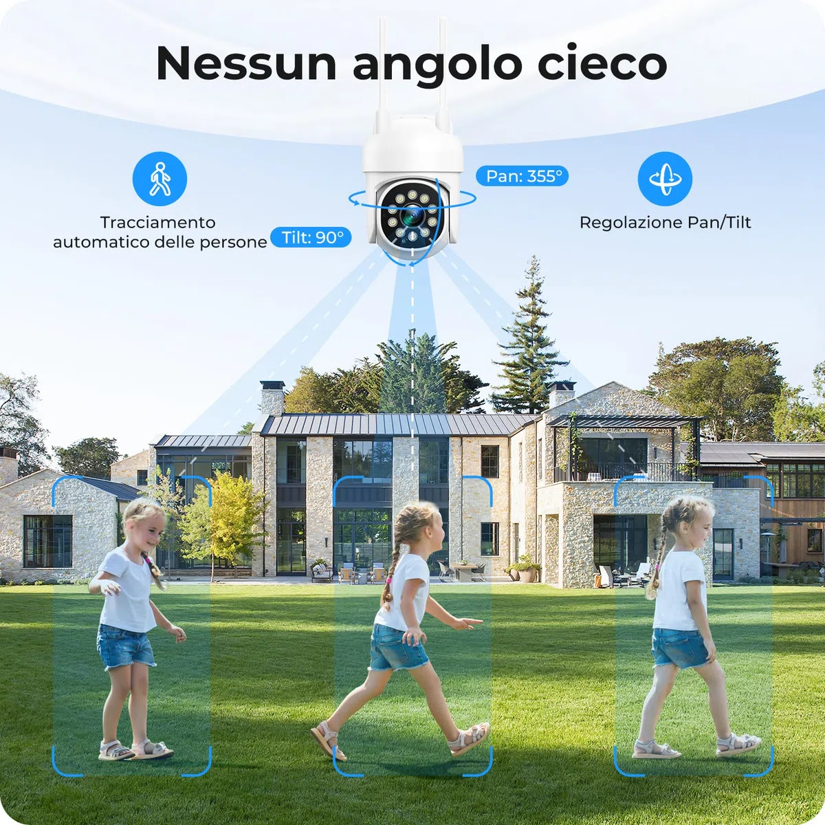 CAMCAMP kit videosorveglianza wifi telecamere da esterno videocamera sorveglianza, 360 gradi PTZ 16CH NVR con 500GB 2.4G& 5G wi-fi Vision Nocturne Couleur, AI Détection de Personne Enregistrement 24/7
