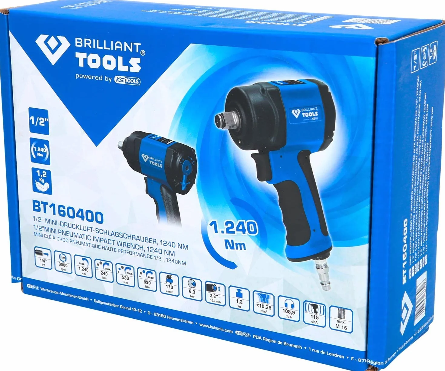 Brilliant Tools BT160400 1/2" Mini avvitatore ad impulsi ad aria compressa, 1.240 Nm