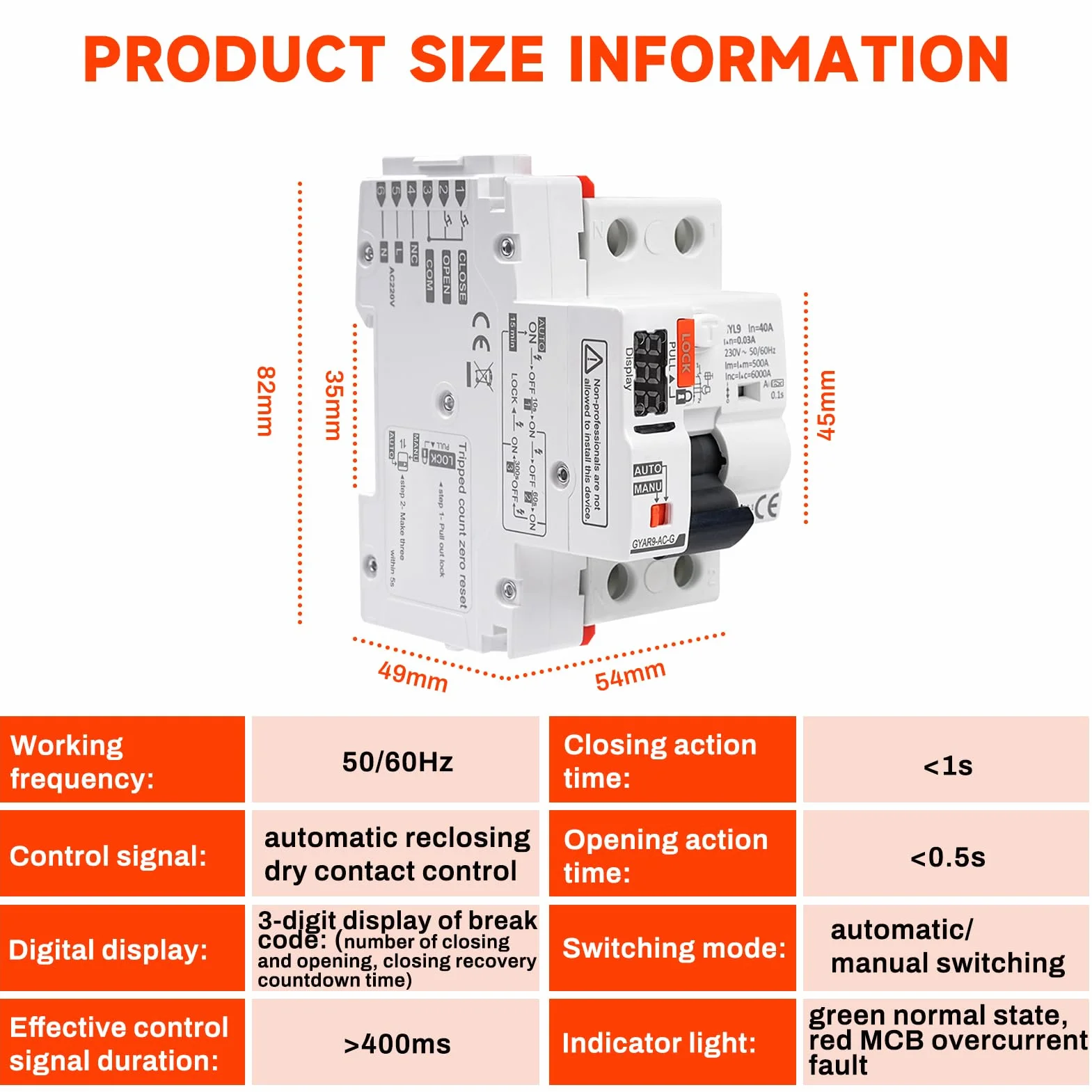 Interruttore Differenziale a Riarmo Automatico con display a LED,40A 30mA 2P AC230V Salvavita con Riarmo Automatico RCCB Salvavita Riarmo Automatico(30mA Type A)