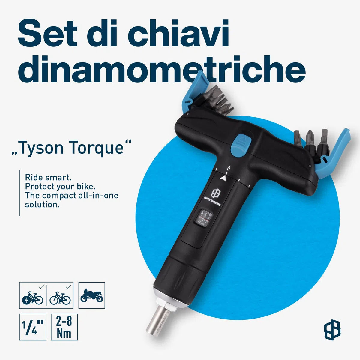 Tyson T by - Chiave dinamometrica da 1/4" per bicicletta, moto, ecc. 2-8 Nm | Cacciavite a coppia piccolo con set di punte a croce, fessura, Torx ed esagonale nel manico a T | 70003