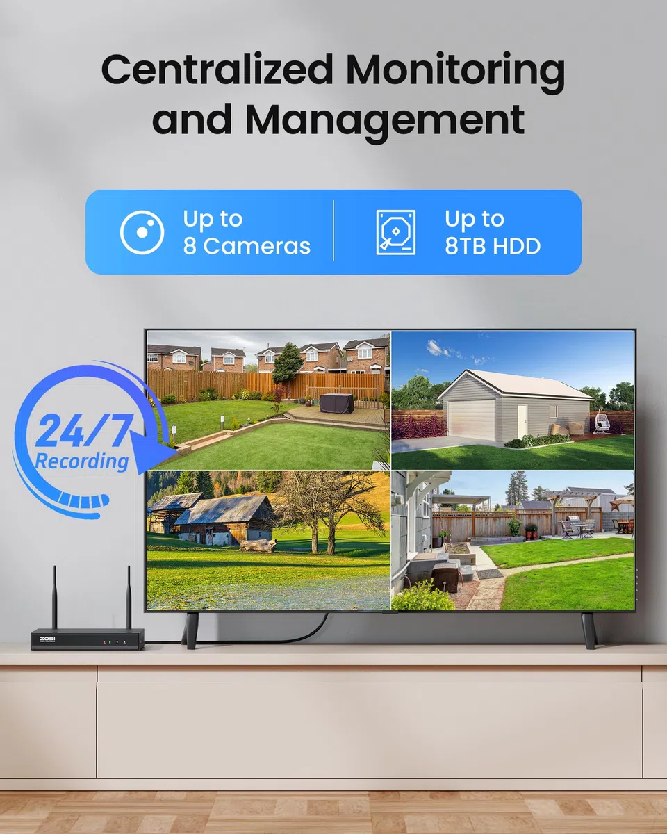 ZOSI 2K Kit Telecamere di Sorveglianza WiFi6, Registratore NVR 8CH 8MP e HDD 1TB con 4 Telecamere IP di Sicurezza per Esterni, Visione Notturna a Colori, Rilevamento Persone, Audio Bidirezionale