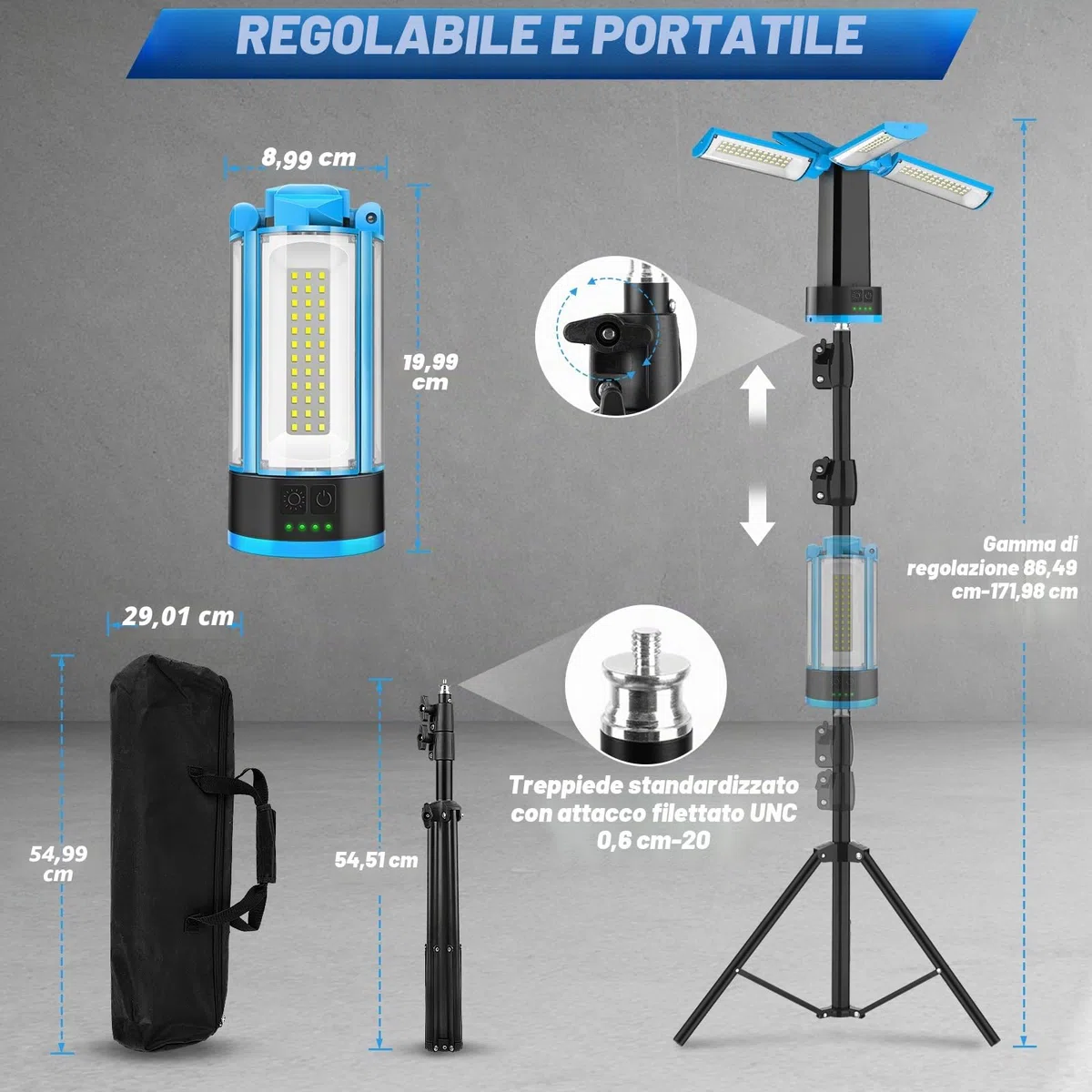 Proiettore Ricaricabile a LED con Treppiede Telescopico 10400mAh Proiettore da Cantiere 4 Modalità, 6000K Faro da Lavoro Cordless con Borsa da Trasporto per Garage, Campeggio, Esterni, Interni