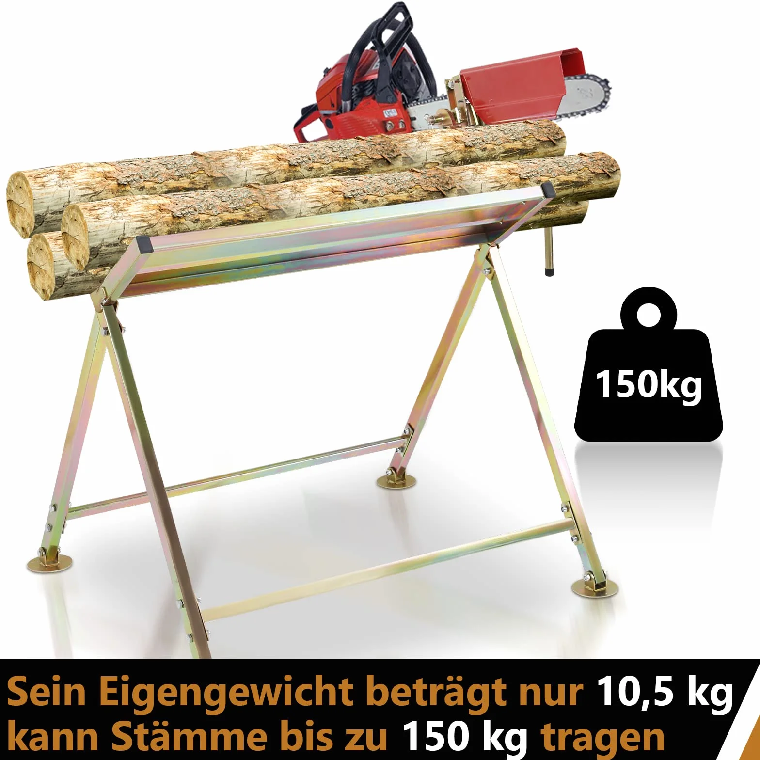 Cavalletto per motosega con supporto per catena, protezione per catena, barra di misurazione, supporto per sega pieghevole fino a 150 kg di portata, struttura stabile Adatto per segherie