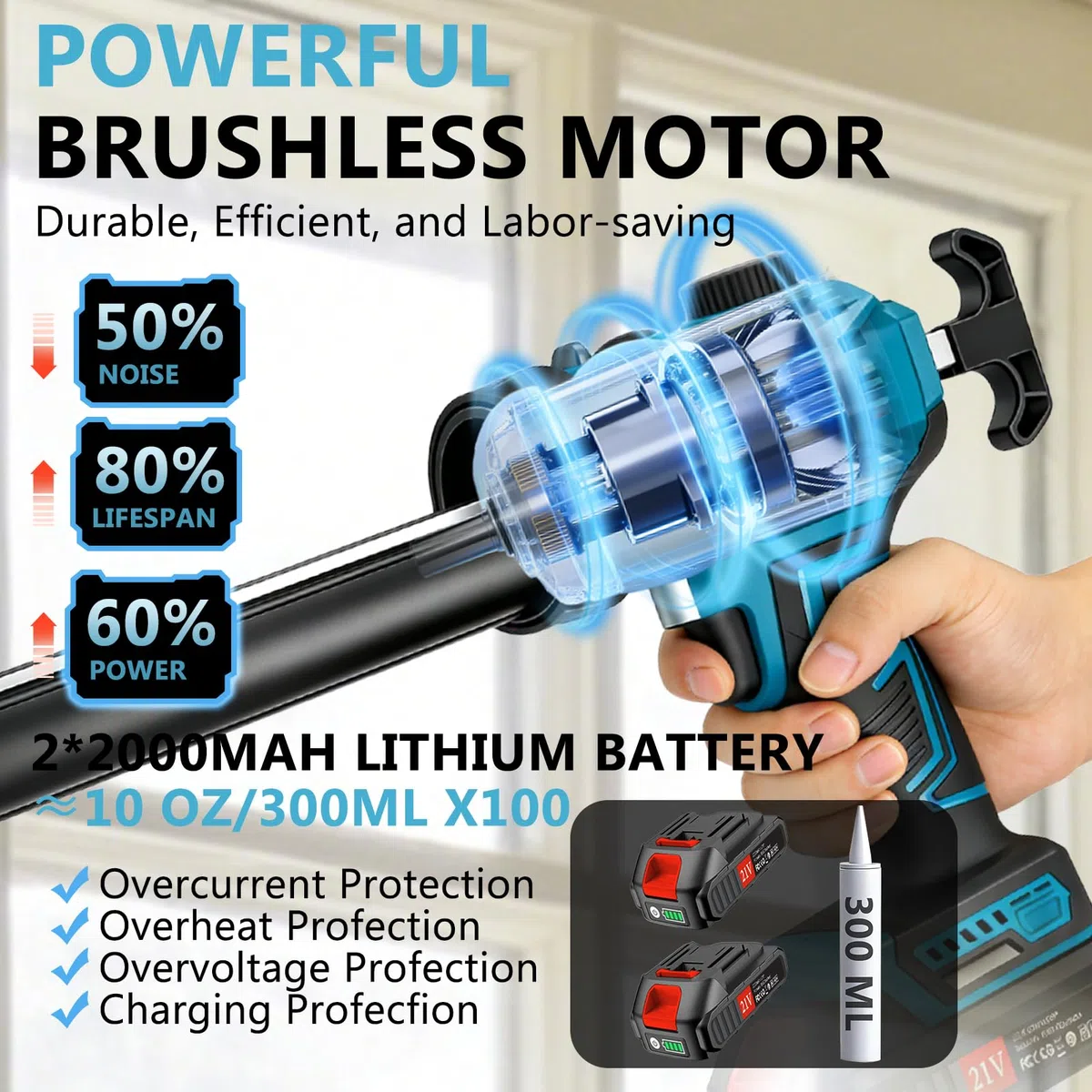 Pistola per Silicone a Batteria, Pistola Silicone Professionale con 2 x 2000 mAh batterie, Controllo Della Velocità Continuo, Luce LED, Pistola per Cartucce da 300ml
