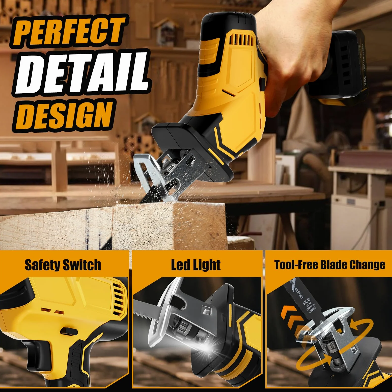 WingFly Sega a batteria per Dewalt da 18 V, 20 V, sega a sciabola professionale con 4 lame per sega, 2700 RPM con interruttore a velocità continuo, in metallo, legno (senza batteria)