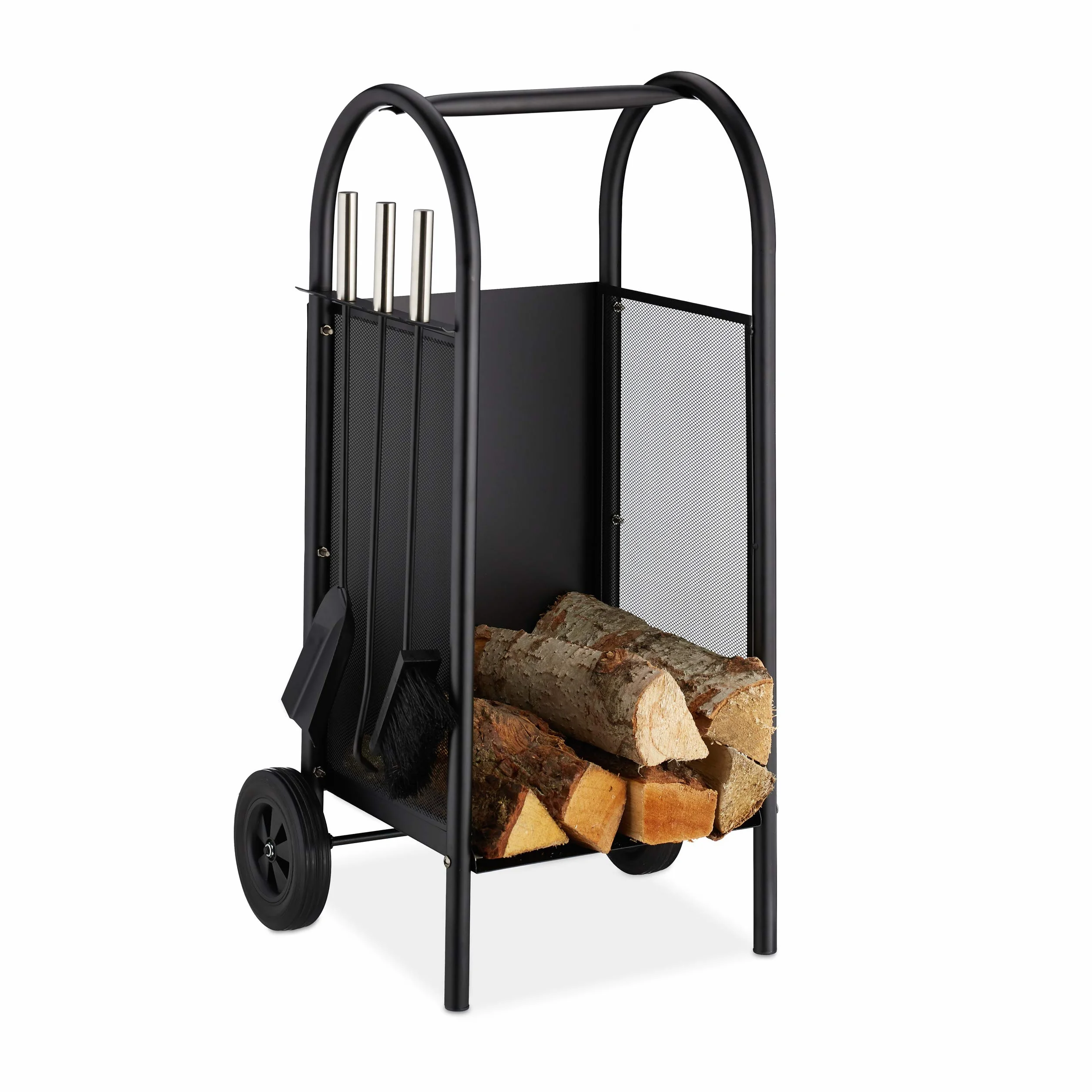 Relaxdays Carrello Portalegna con 3 Accessori, Mobiletto in Acciaio, da Camino, Paletta, Scopino & Attizzatoio, Nero