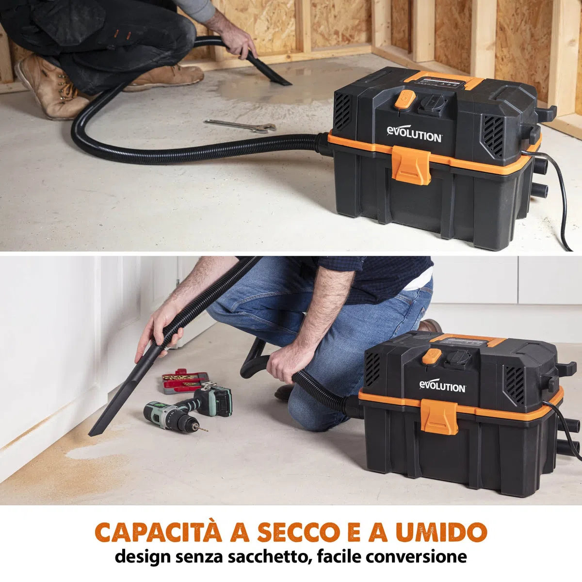 Evolution R15VAC Aspiratore polvere a secco e a umido con presa di potenza - Potente motore da 1.000 - Flusso d'aria a doppia funzione, aspiratrucioli legno, aspirapolvere professionale
