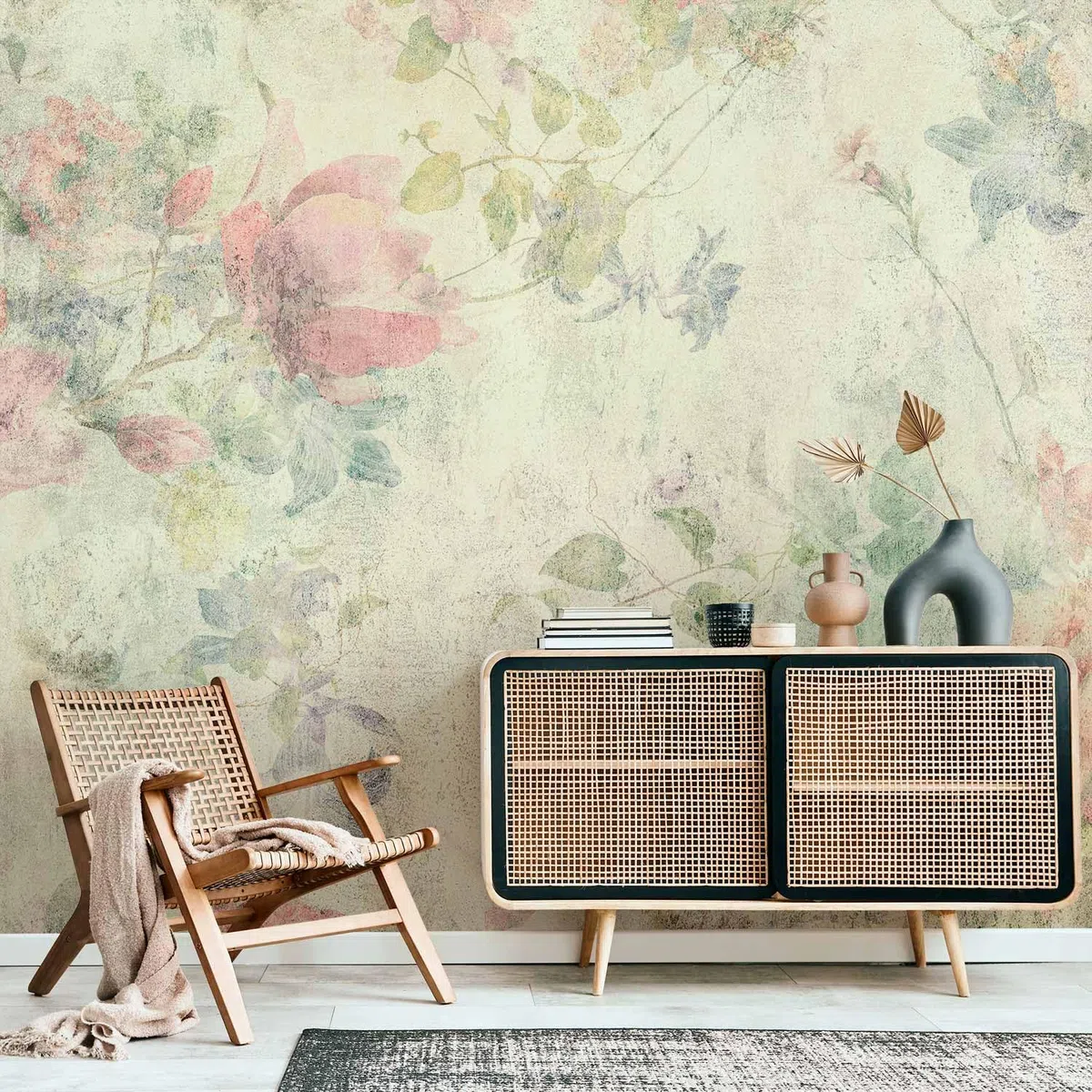 murando - Carta da Parati Adesiva Retro Fiori 343x256 cm Fotomurali Adesivi Murali Rivestimento Parete Moderna per Pareti Adesiva Muro Decorativo Fotomurale Soggiorno Botanica Natura