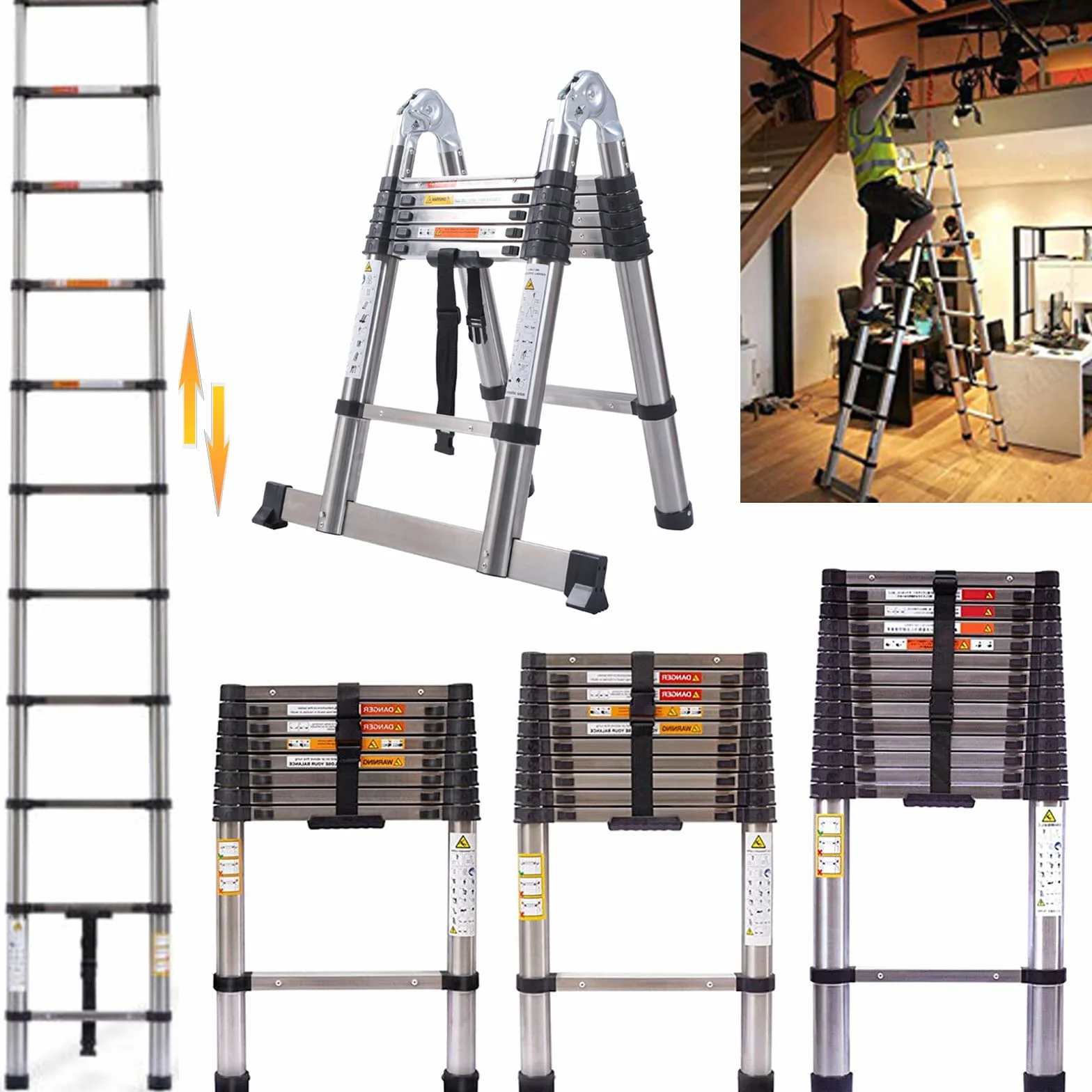 Scaletta telescopica pieghevole da 3,2 m, scala telescopica in 13 ripiani, antiscivolo, scala telescopica da 79 cm a 3,20 m, portata massima: 150 kg