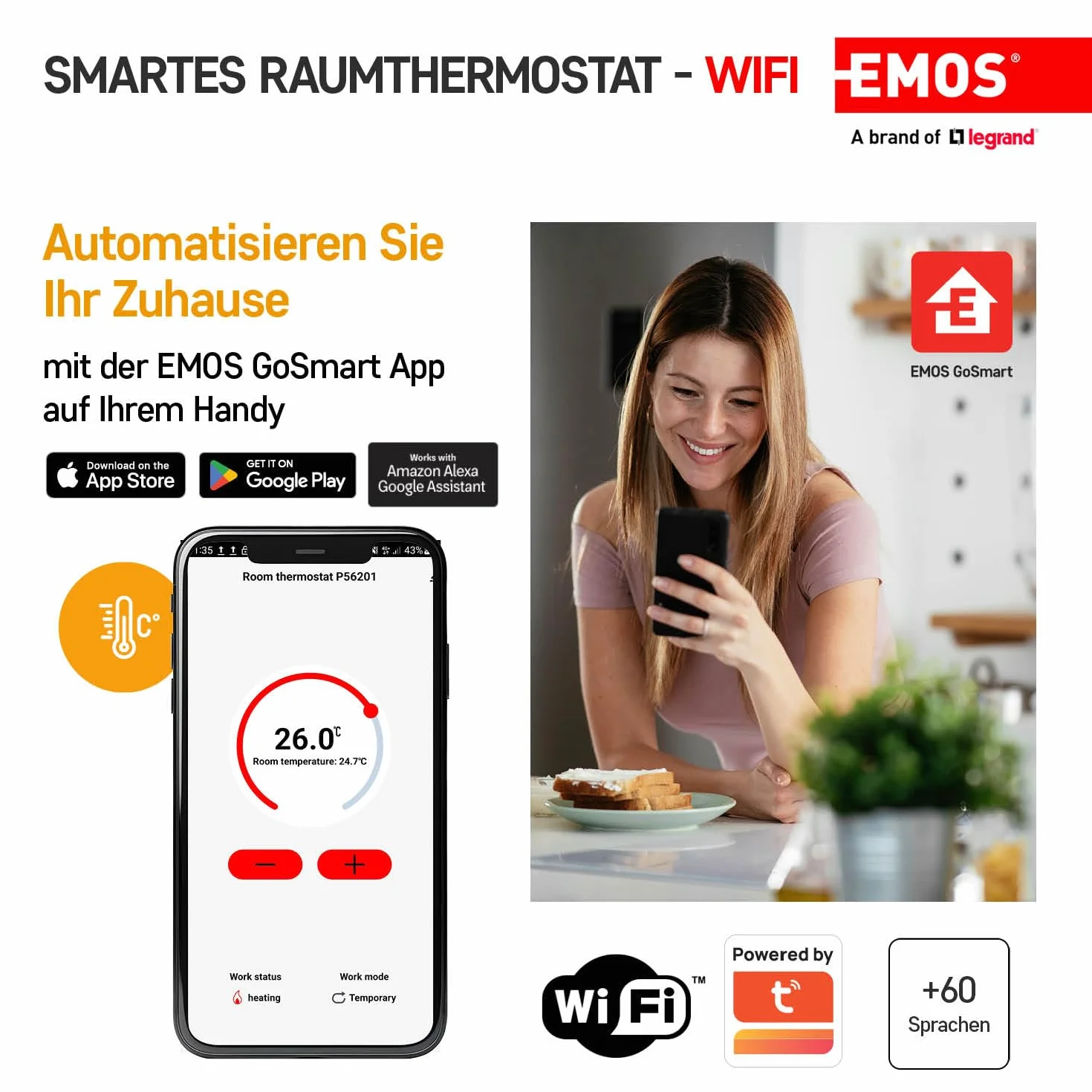 EMOS GoSmart - Termostato smart per la casa con app - WiFi - Termostato IP per riscaldamento/raffreddamento - a risparmio energetico - compatibile con Tuya, Google Assistant, Alexa - wireless - bianco