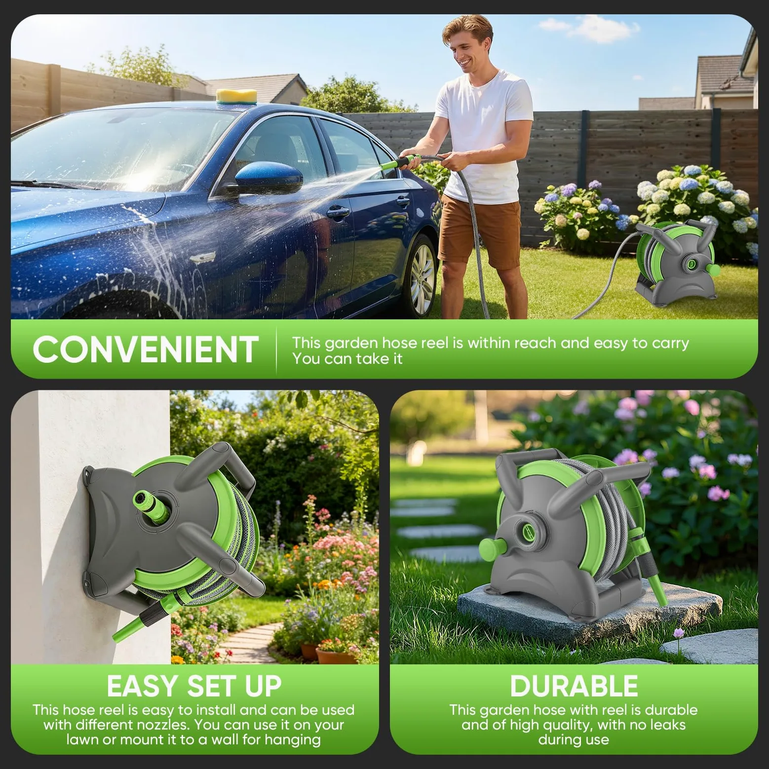 Avvolgitubo Automatico Retrattile 20m, Avvolgitubo da Giardino ad Aria Compressa, Fissaggio a Parete Girevole 180°, Canna Acqua Giardino per Irrigazione Giardino Orto e Pulizia Domestica