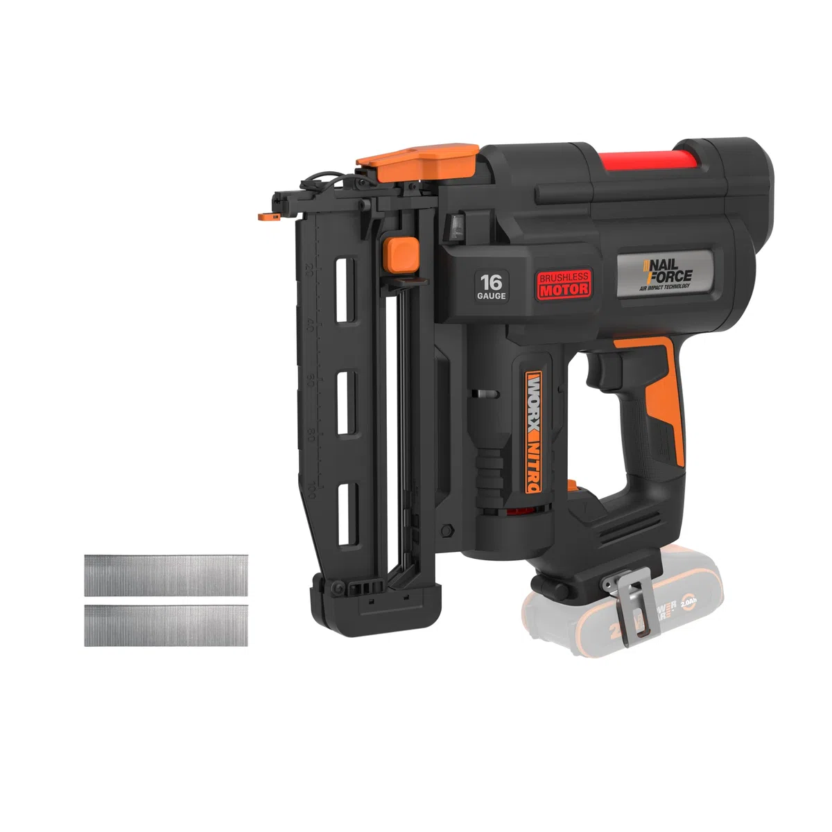 WORX WX841.9 Nitro 20 V Chiodatrice senza filo calibro 16 | Chiodatrice senza fili | Pistola per chiodi alimentata a batteria con rilascio di inceppamenti senza attrezzi| PowerShare - Solo strumento