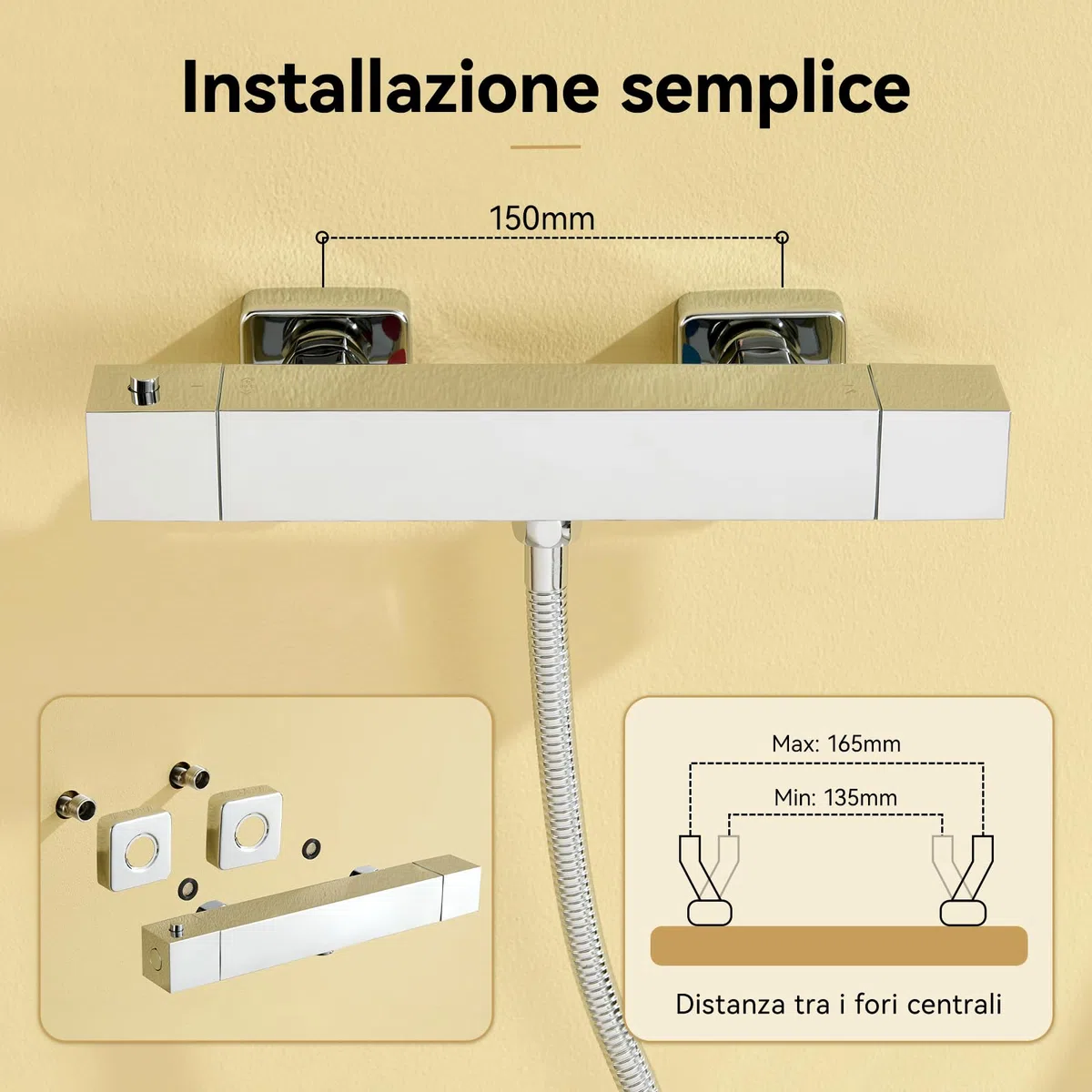 Auralum Miscelatore Termostatico Doccia Cromato Rettangolare, Rubinetto Doccia da Muro Esterno, Miscelatore Doccia con Deviatore per Asta Doccia Saliscendi con Soffione e Doccetta, per Vasca da Bagno