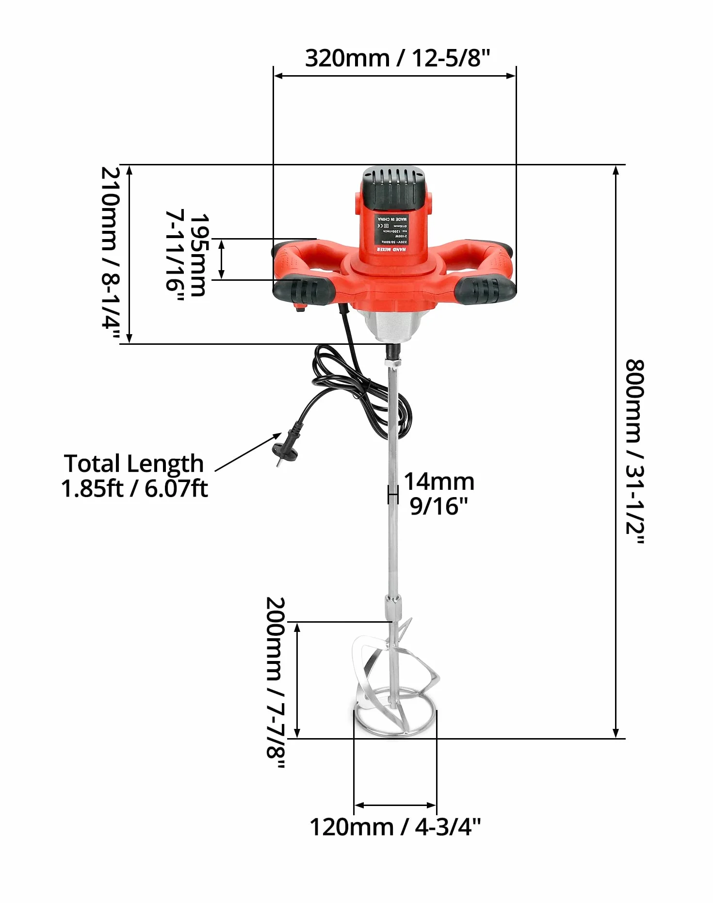 QWORK® Miscelatore Malta Elettrico - 220V 2100W 1200r/min 6 Velocità - Attacco M14 - per Malta, Cemento, Intonaco, Calcestruzzo, Vernice