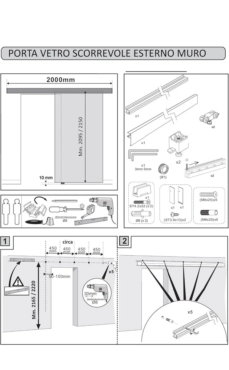 BINARIO KIT PER PORTA SCORREVOLE portata KG.80 (250 cm)