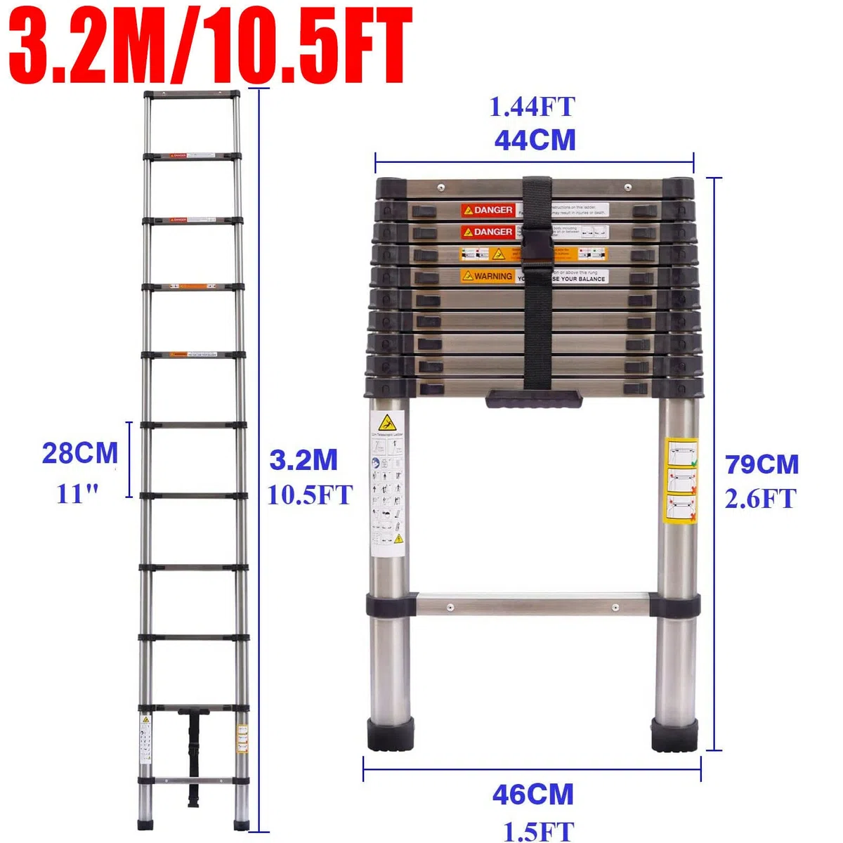 Scaletta telescopica pieghevole da 3,2 m, scala telescopica in 13 ripiani, antiscivolo, scala telescopica da 79 cm a 3,20 m, portata massima: 150 kg