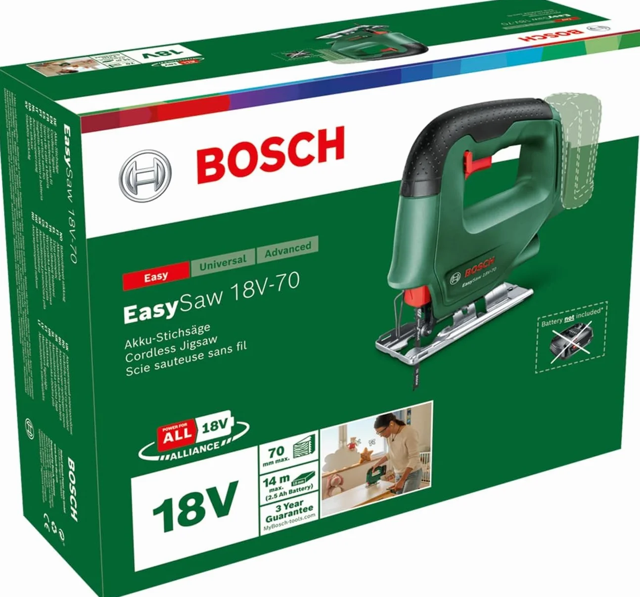 Bosch Seghetto alternativo a batteria EasySaw 18V-70 (senza batteria, sistema da 18 volt, confezione in cartone)