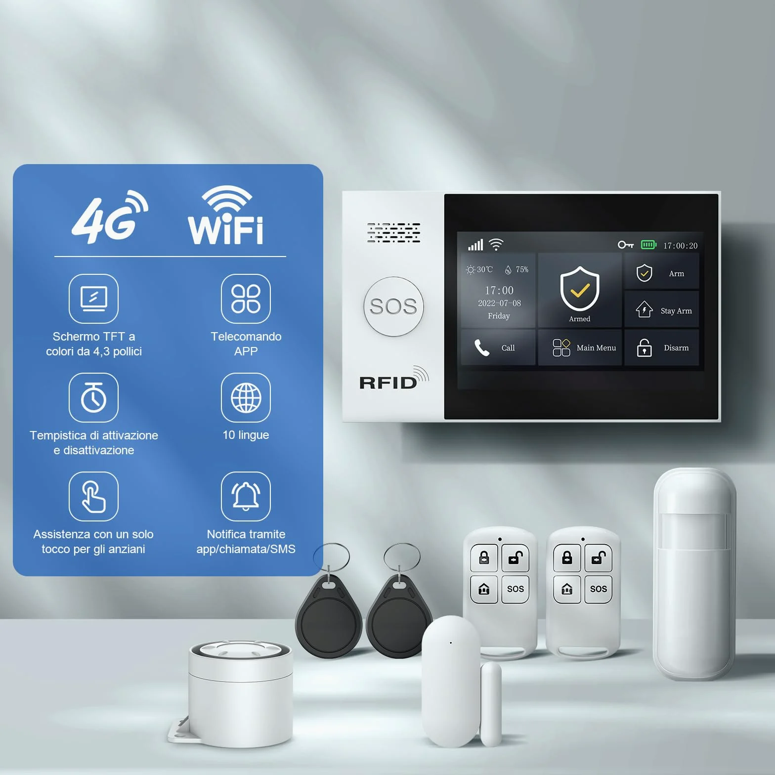 LWOHSI Sistema di sicurezza domestica, sistema di allarme wireless GSM WiFi, allarme antifurto domestico touch screen da 4,3" compatibile con Alexa Google Home