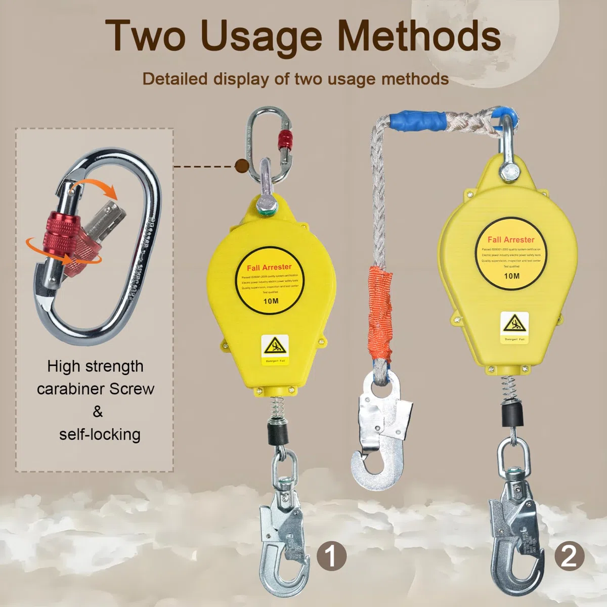 Dispositivo Anticaduta Retrattile Certificato 10m/15m/20m, Imbracatura di Sicurezza Anticaduta Tetto con Gancio Rotante, 150kg Dispositivo Sicurezza Anticaduta Tetto/ Lavoro Aereo(Giallo,10m)