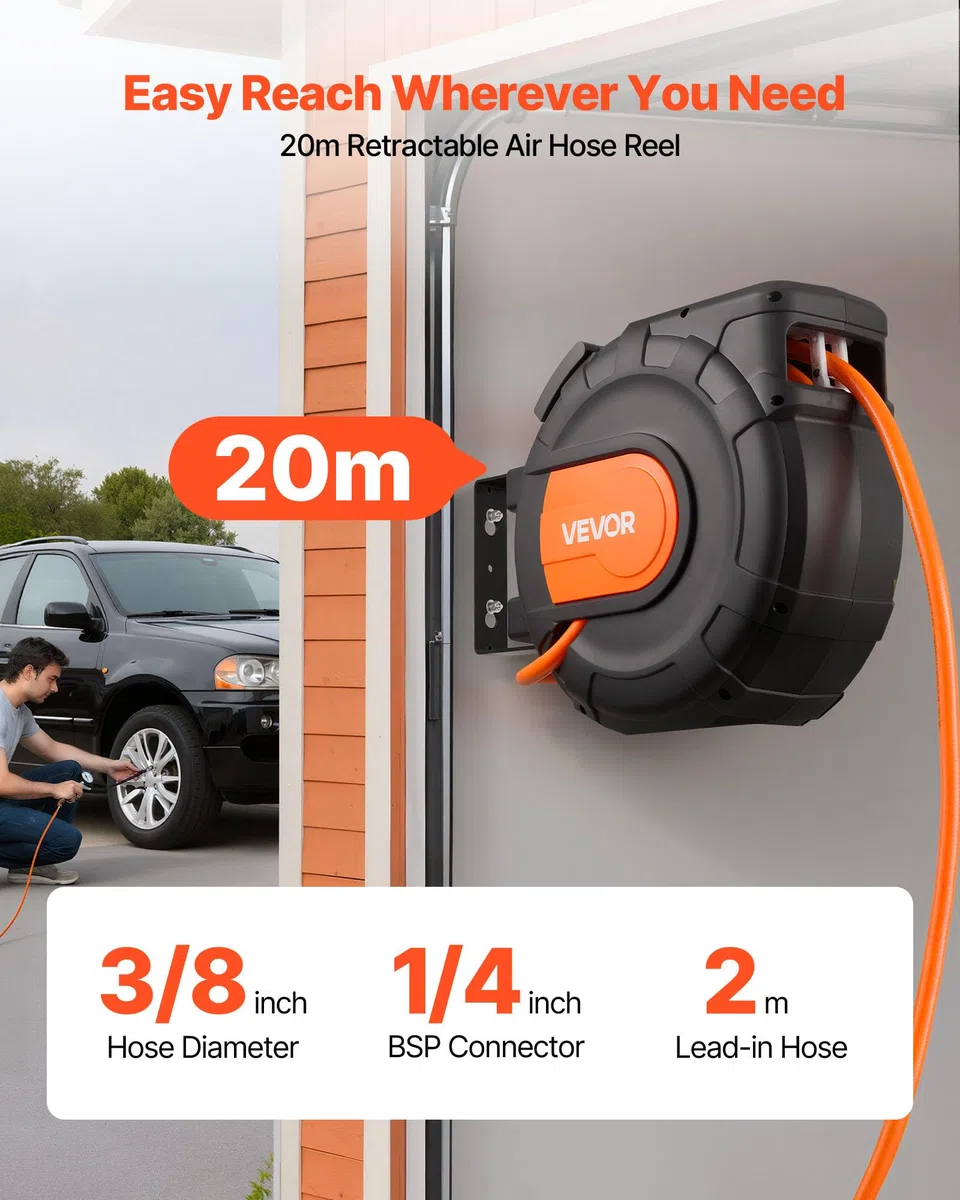VEVOR Avvolgitubo per Aria Compressa Retrattile, Tubo Flessibile in PVC da 20 m x 9,5 mm, Massimo 300 PSI, con Riavvolgimento Automatico e Cavo da 2 m, Montaggio a Parete Girevole per Garage