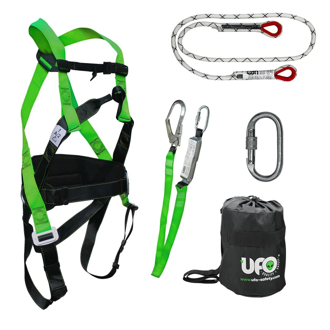 Imbracatura di Sicurezza Anticaduta Regolabile Professionale UFO, Kit con Sacca e Cordino regolabile 150cm, Arrampicata, Cintura di Sicurezza per Lavoro, Normativa EN361 EN358
