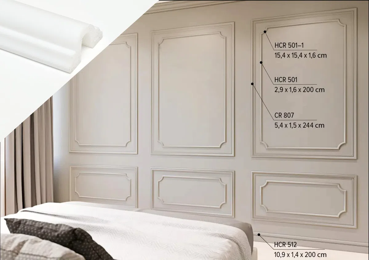 Cornici boiserie per parete, 12 metri di profilo decorativo 3d, in duropolimero bianco rigido(meglio del polistirolo e gesso), da applicare a muro, 12 pezzi da 1 metro (HCR 501)