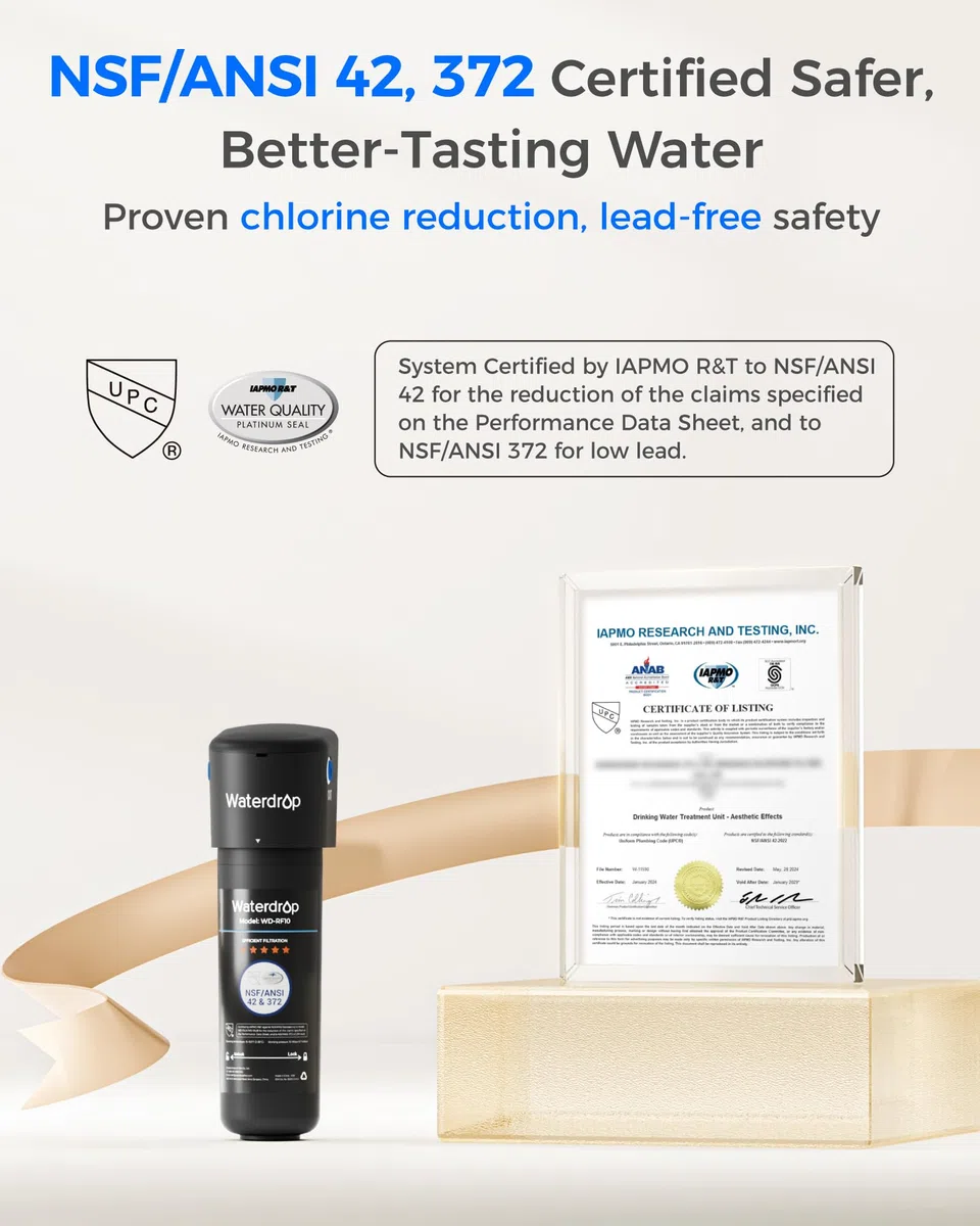 Waterdrop 10UB Filtro dell'Acqua Sistema Inferiore con Rubinetto Dedicato, NSF/ANSI 42 Certificato, 11000 Galloni ad Alto Contenuto di Cloro Capacità di Riduzione del Cloro, Tecnologia USA