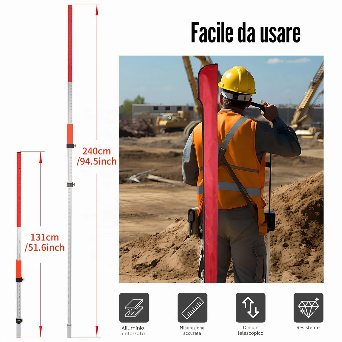 Laser Grade Rod, Livello Laser Suit per Rotary Laser Livello Grado Rod Con Quick Lock Alluminio Rod to Measure
