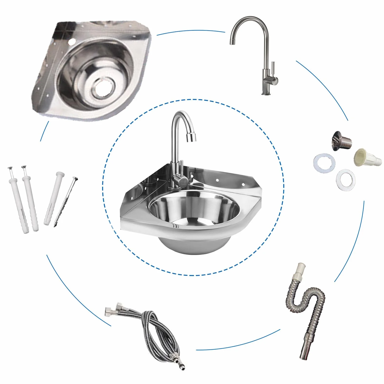 Lavabo Angolare in Acciaio Inox, Triangolare, A Parete, 26x26 cm, Per Bagno, Wc, Garage, Camping-Car, Barca