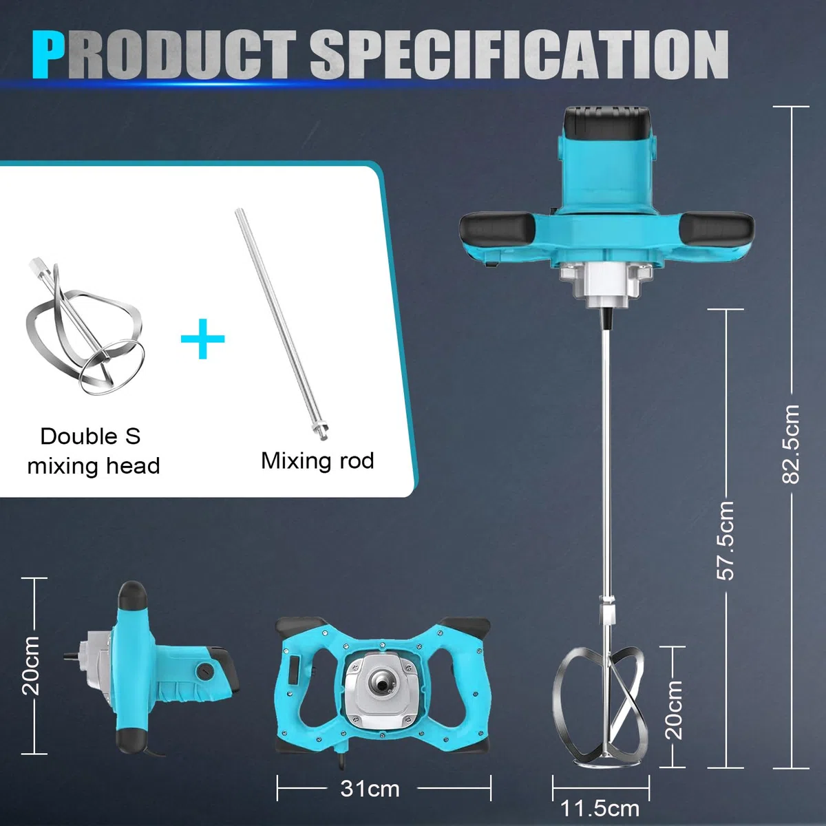 3500W Portatile Betoniera, 6 Velocità Variabili, Max 1500 RPM (g/min), Elettrico Miscelatore per Malta, Mixer per Miscelazione di Malta Vernice Intonaco Malta Cementizia ecc