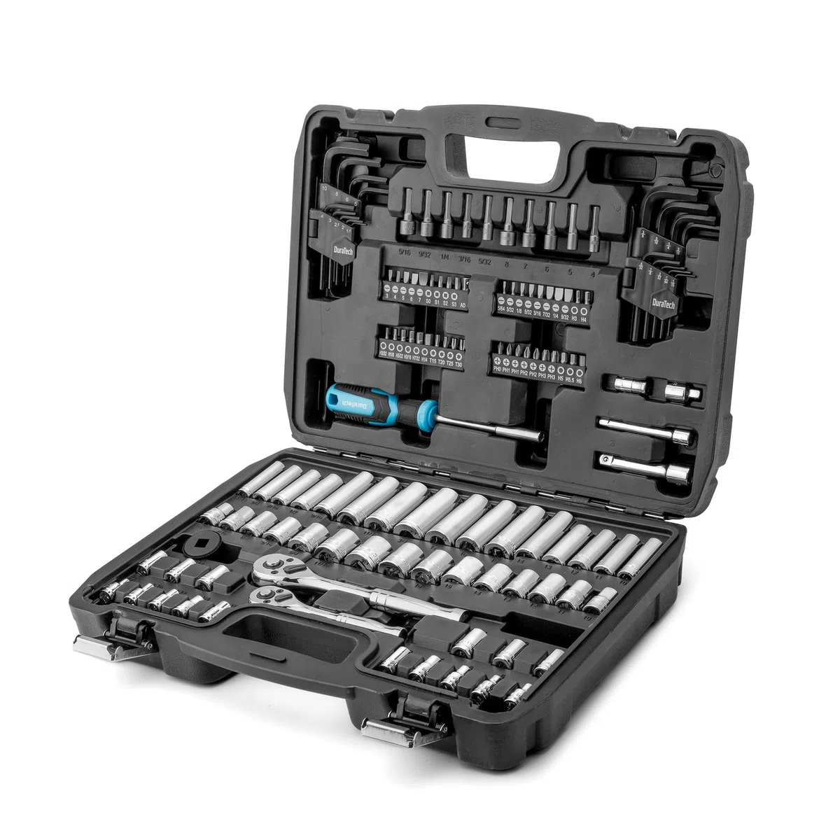 DURATECH Set di Attrezzi per Meccanica da 121 Pezzi, Set di Chiavi a Bussola, 1/4" e 3/8", Cricchetto a 72 Denti, Acciaio Cr-V, con Scatola, Include Cacciavite e Punte, Ideale per Lavori Meccanici