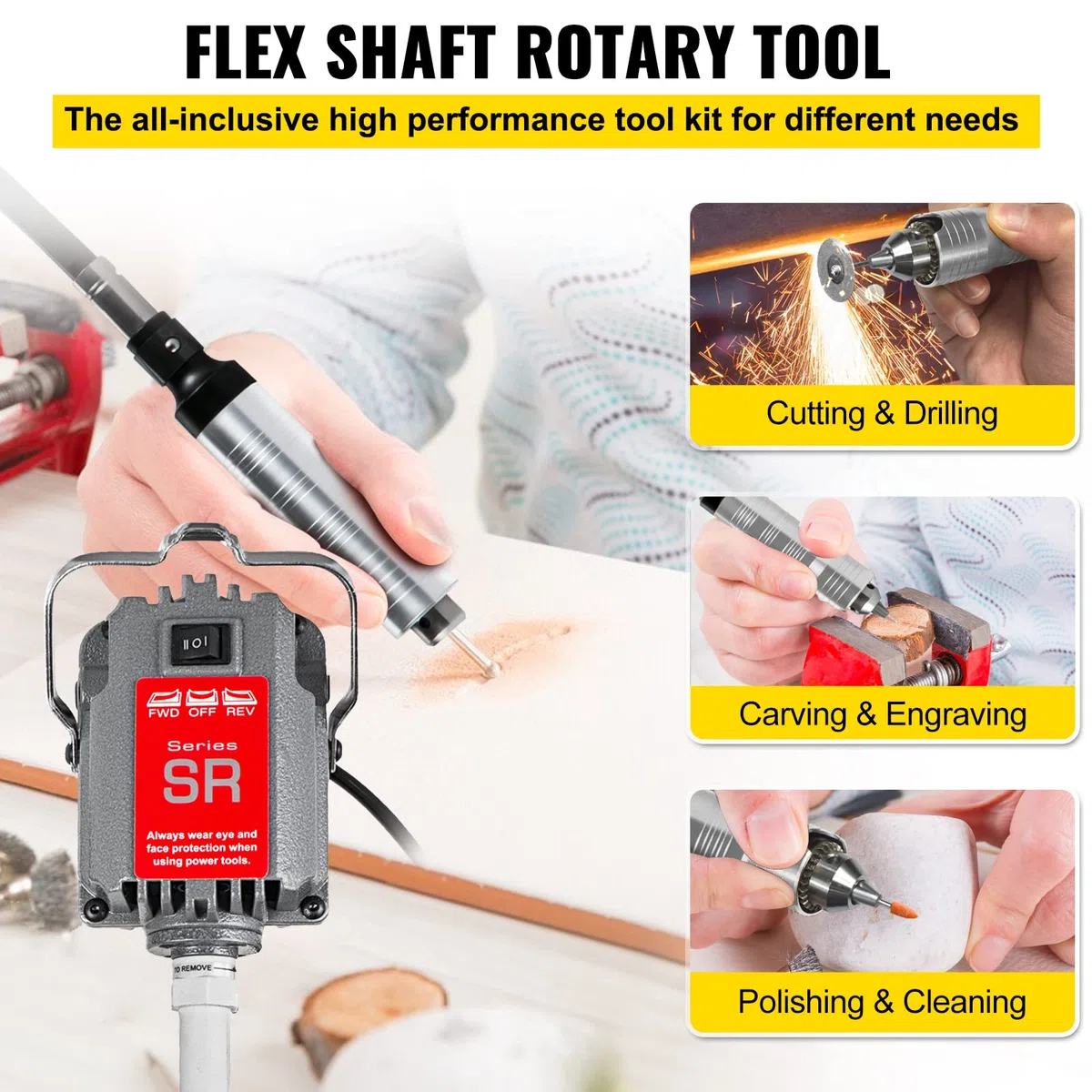 VEVOR Mulino Flessibile Sospeso SR 230w, Albero Motore Flessibile per Incisione SR con Preciso Mandrino a Tre Griffe, con Motore in Rame Puro, per Riparazione, Perforazione, Molatura, Lucidatura