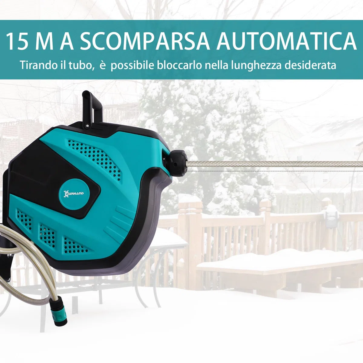 DURHAND Avvolgitubo da Giardino Retrattile con Tubo dell'Acqua 15m, Avvolgitubo da Parete Girevole a 180°, Avvolgitubo Automatico con 7 Modalità di Irrigazione e Kit di Montaggio, Nero e Verde
