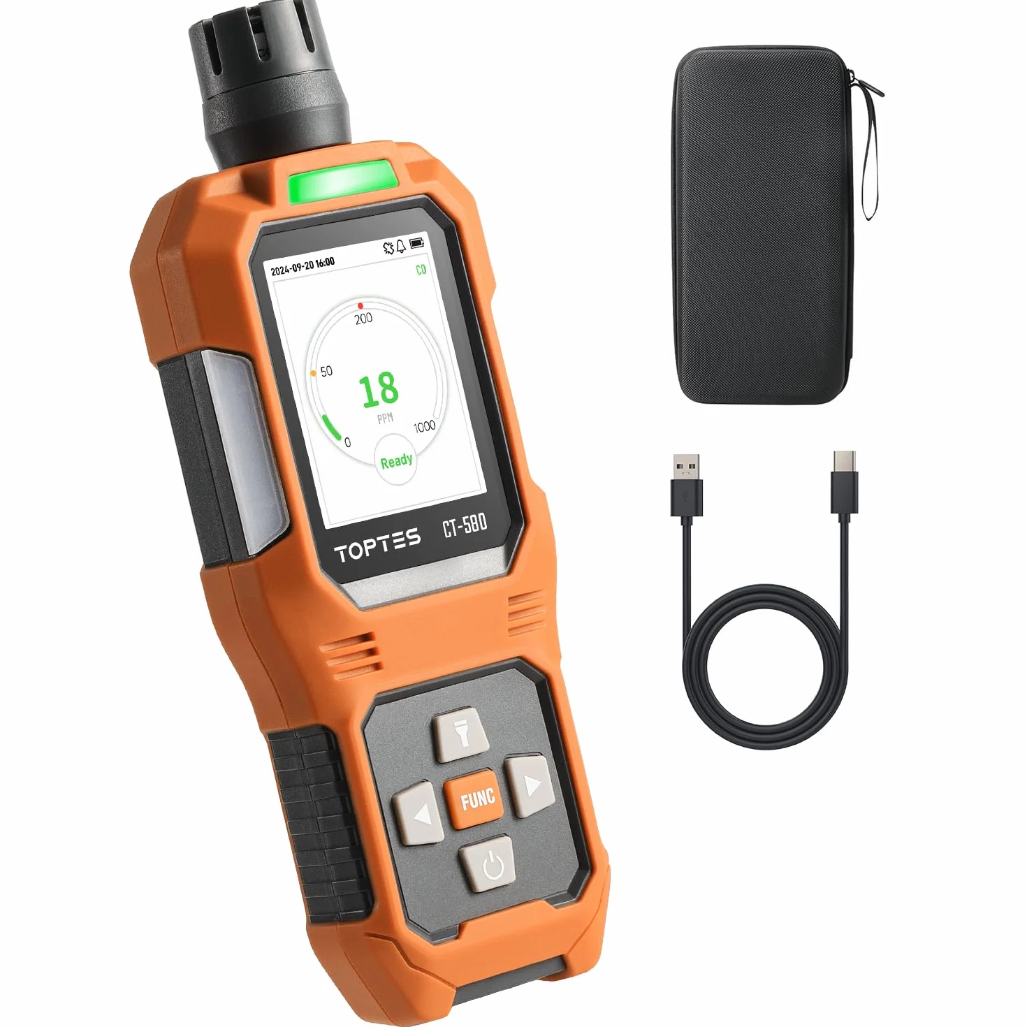 TOPTES CT-580 Rilevatore di monossido di carbonio, rilevatore di CO ricaricabile con allarmi a vibrazione, visivi e acustici, allarme CO portatile, 0-1000PPM per casa, auto, campeggio e viaggi