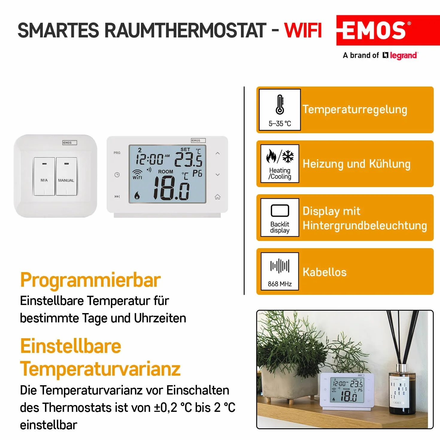 EMOS GoSmart - Termostato smart per la casa con app - WiFi - Termostato IP per riscaldamento/raffreddamento - a risparmio energetico - compatibile con Tuya, Google Assistant, Alexa - wireless - bianco