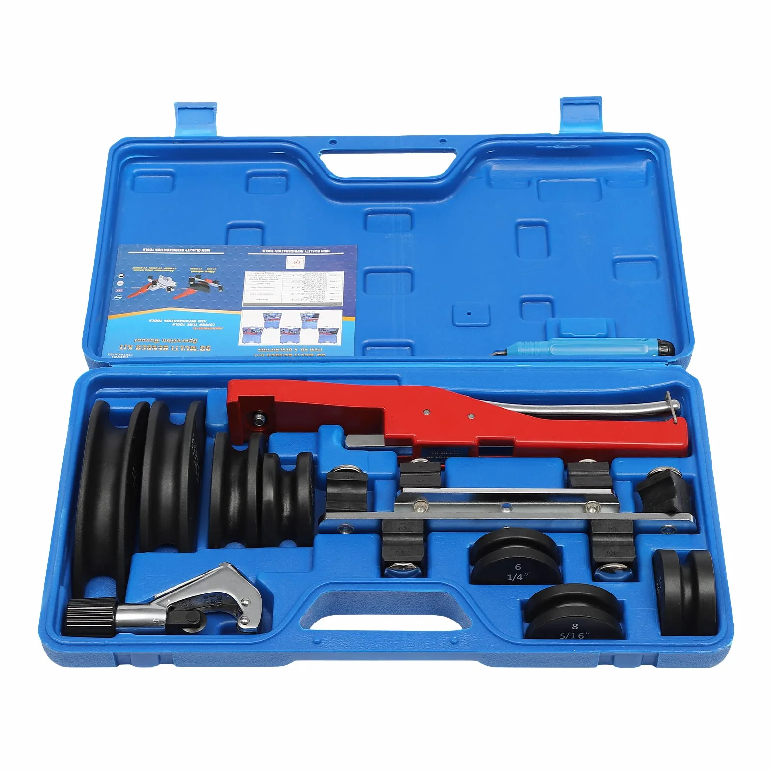 Piegatubi 6 – 22 mm, piegatubi con raggio di curvatura fino a 90° e 7 diverse teste di piegatura per tubi in rame, tubi in alluminio, tubi in acciaio inox a pareti sottili