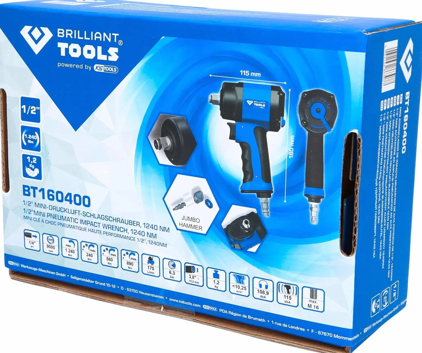 Brilliant Tools BT160400 1/2" Mini avvitatore ad impulsi ad aria compressa, 1.240 Nm