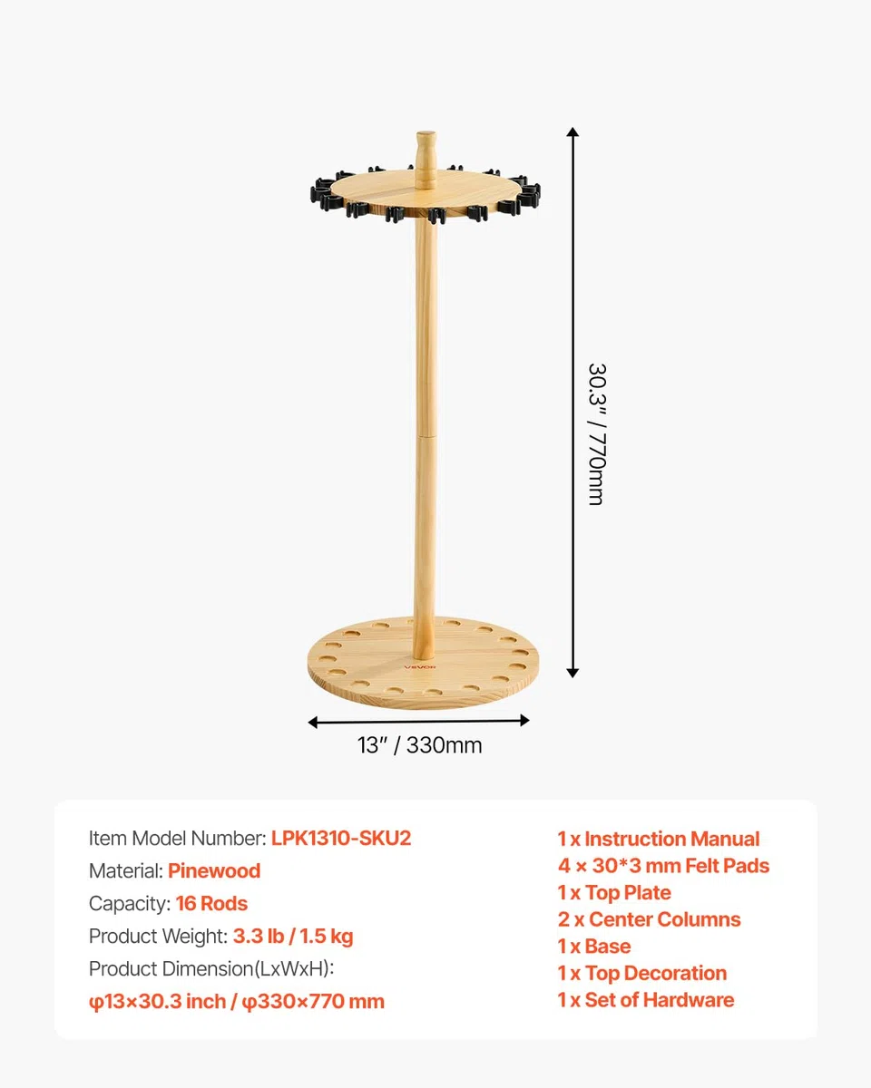 VEVOR Portacanne da Pesca per 16 Aste 330 x 770 mm Supporto in Legno Girevole a 360°, Rotondo, per Organizzare e Riporre Canne, Supporto da Pavimento Salvaspazio per Attrezzatura da Pesca