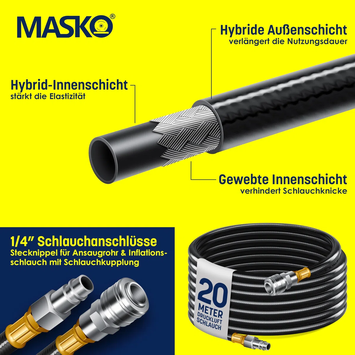 MASKO® Avvolgitore per tubo ad aria compressa automatico Attacco 1/4 - Avvolgitubo Portatubo a muro Avvolgitore per tubo Avvolgitore per tubo ad aria compressa, blu, 10m