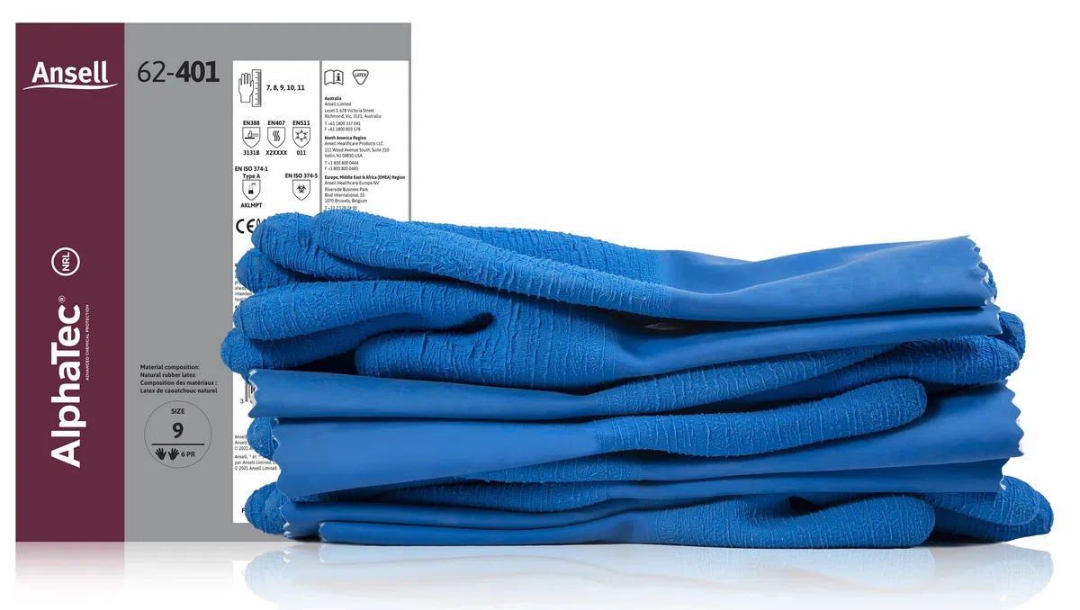 Ansell AlphaTec 62-401 Guanto in lattice, Protezione Contro le Sostanze Chimiche e Liquide, Blu, Taglia 10 (6 Paia)